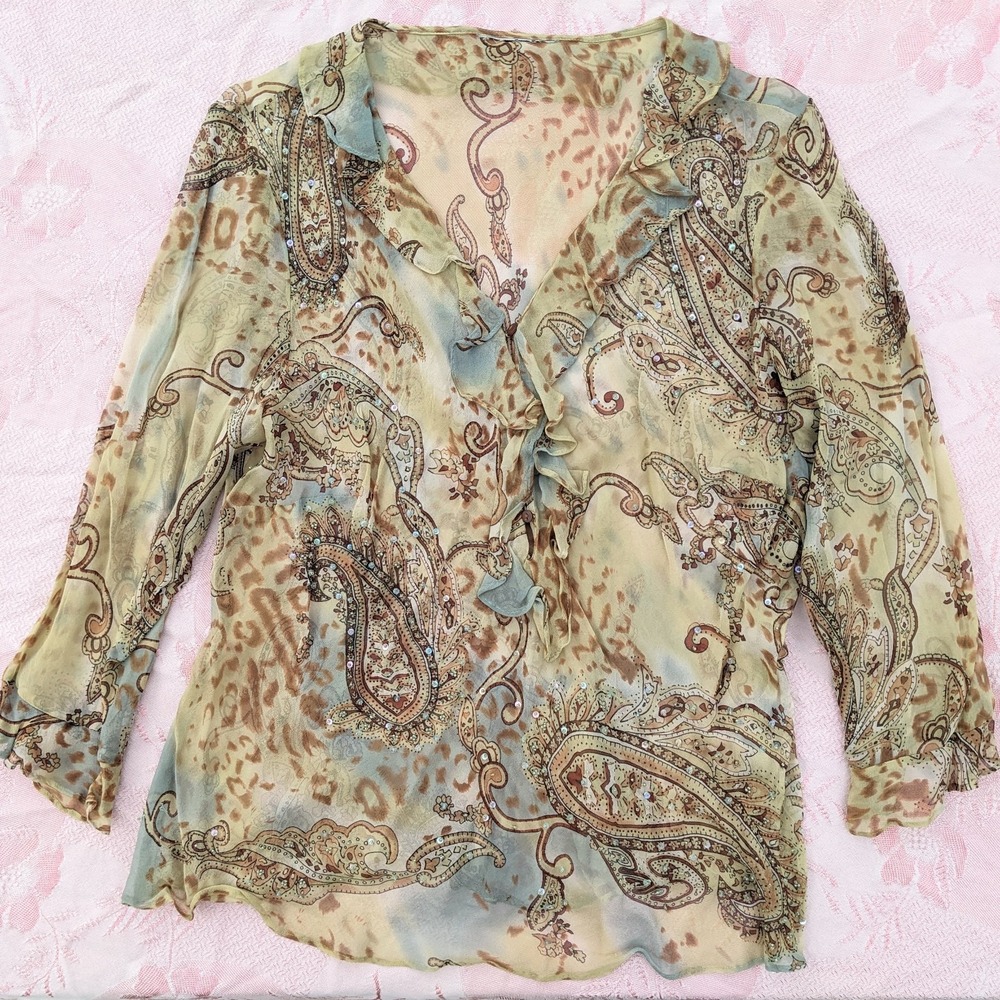 Vintage Y2K Beaded Paisley Fairy Top Women's M/L Chiffon Ruffle Blouse Sequin
